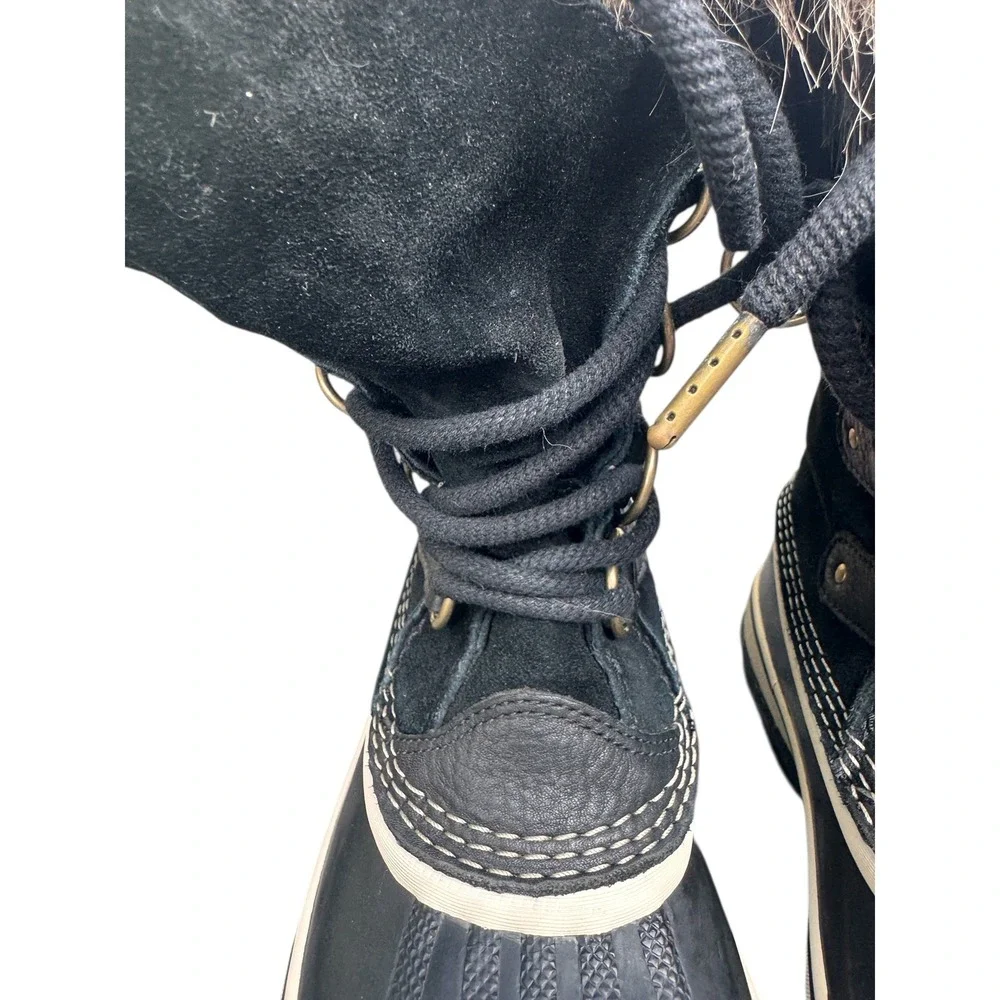 Sorel Women Waterproof Winter Snow Boots Black Fur Trim Lace Up 6 Joan of Arctic